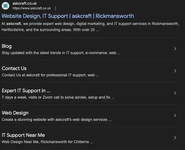 search results on google for askcraft web design and it support